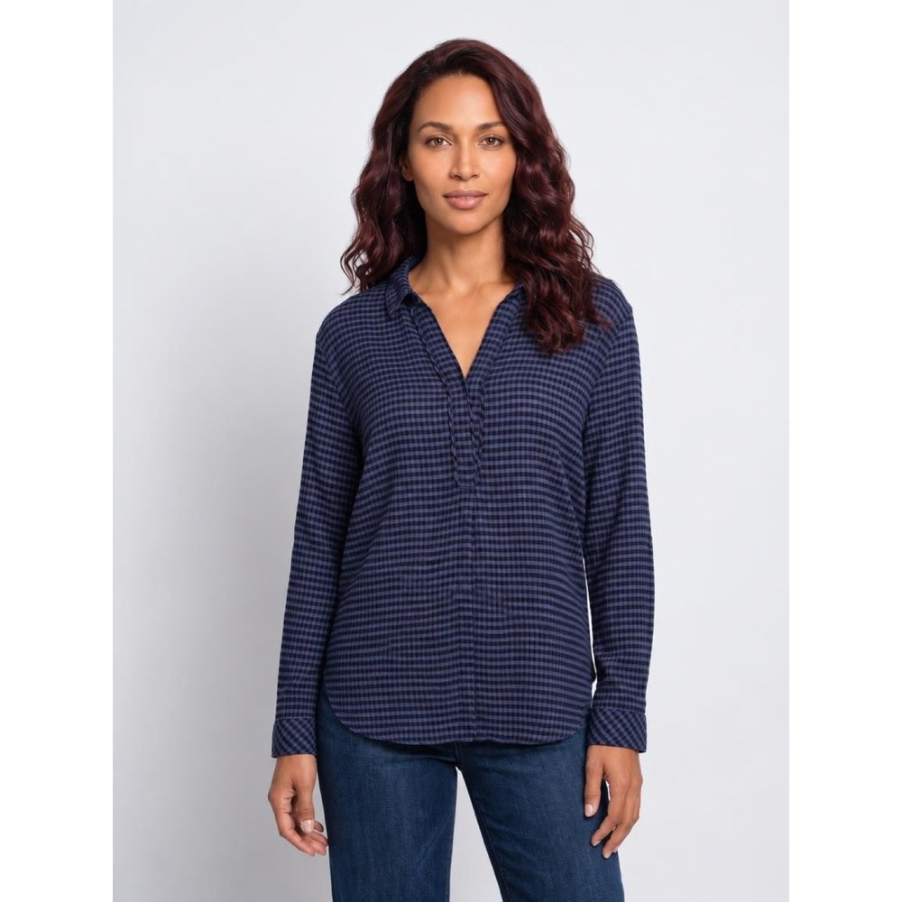 J. Jill Gingham Tunic Women XL Petite Blue Black Check Long Sleeve Split Neck
